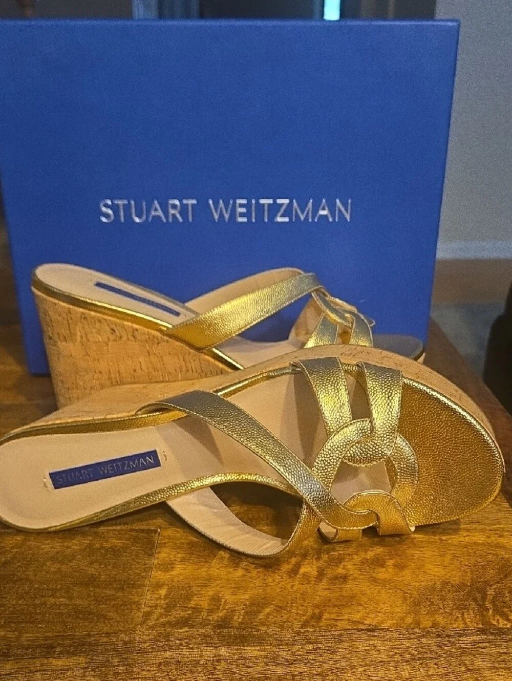 Stuart Weitzman Metallic Gold Cork Wedge Sandals - Picture 3 of 5